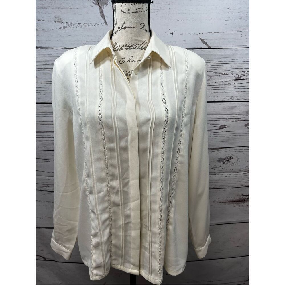 Koret Ivory Pintuck Lace Button Down Blouse Long Sleeve Vintage Style Size 12